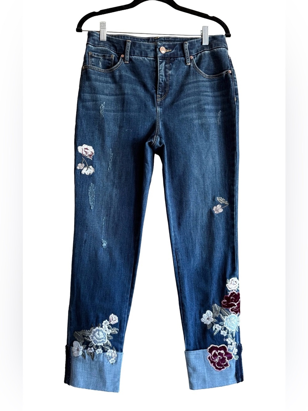 Chico's So Slimming Girlfriend Ankle Jeans Womens S US 4/6 Floral Embroidered